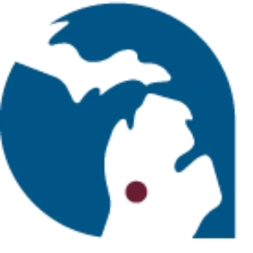 Blue silhouette of Michigan's Lower and Upper Peninsulas with a maroon dot marking a central location in the Lower Peninsula, ideal for highlighting mitten state bookkeeping or financial accounting services.